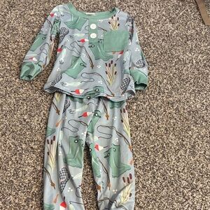 Kids Green Fishing Boots Print Pajama Set